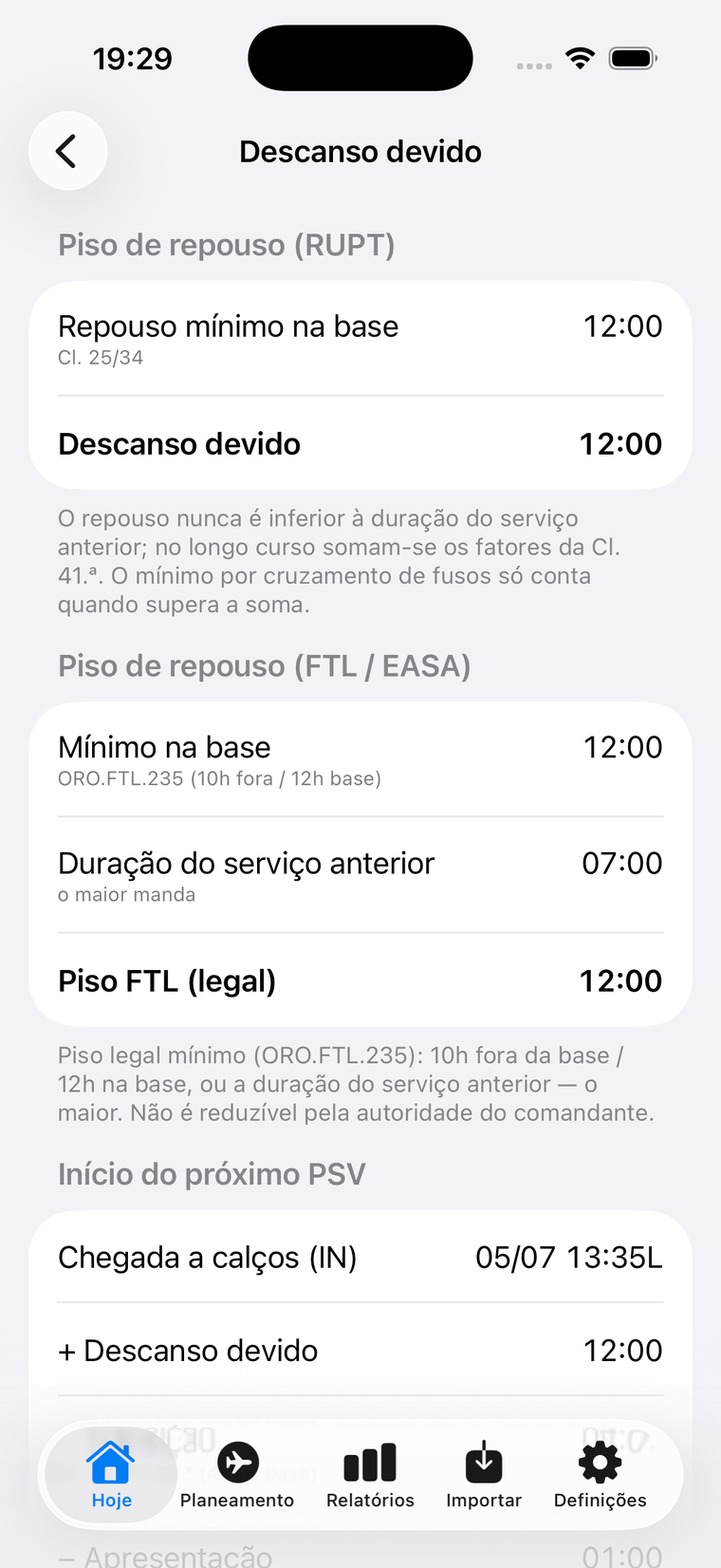 Cálculo do descanso devido segundo os pisos RUPT e FTL/EASA.