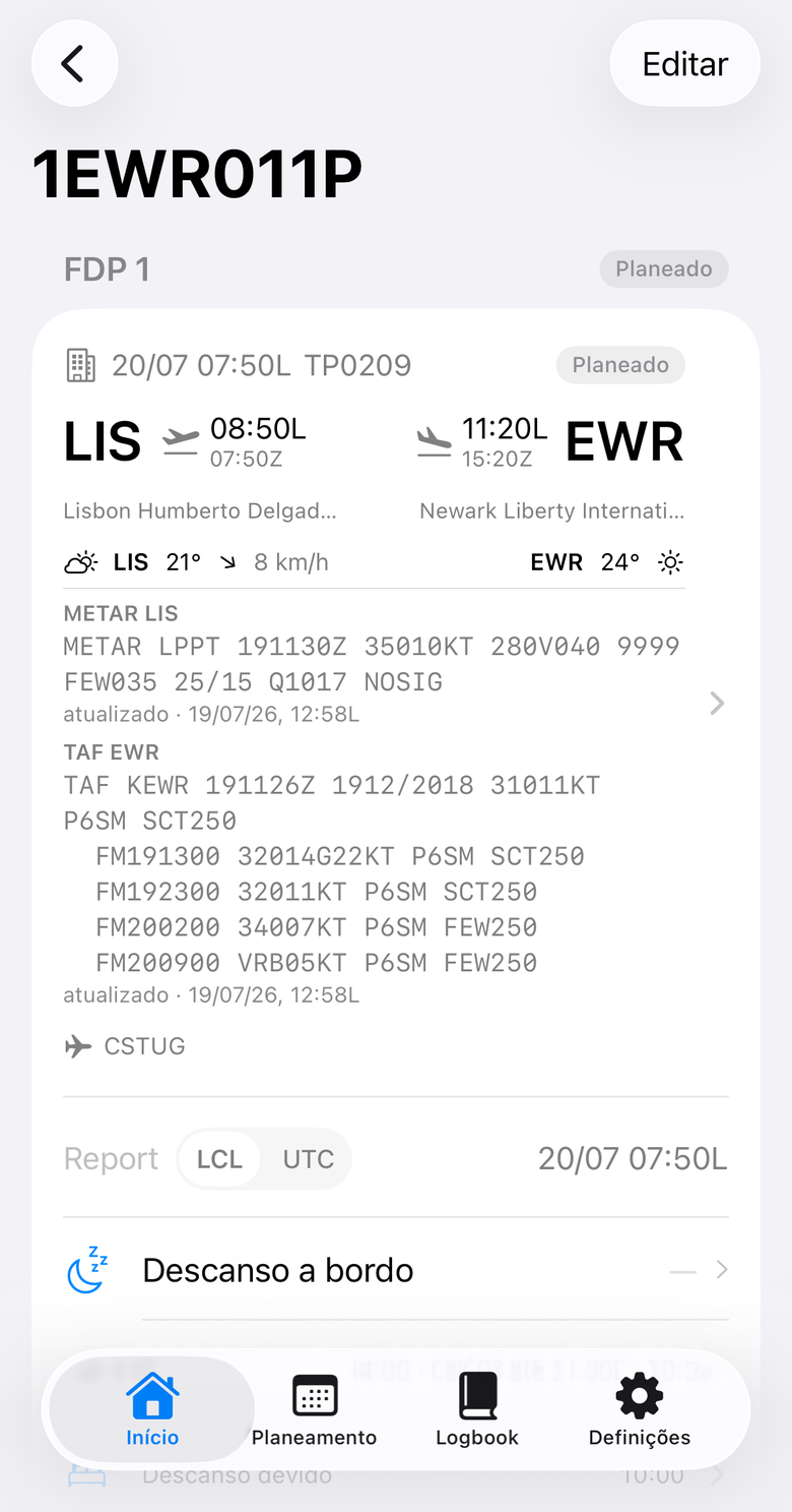 Detalhe de um FDP com report, etapas, METAR/TAF e descanso a bordo.