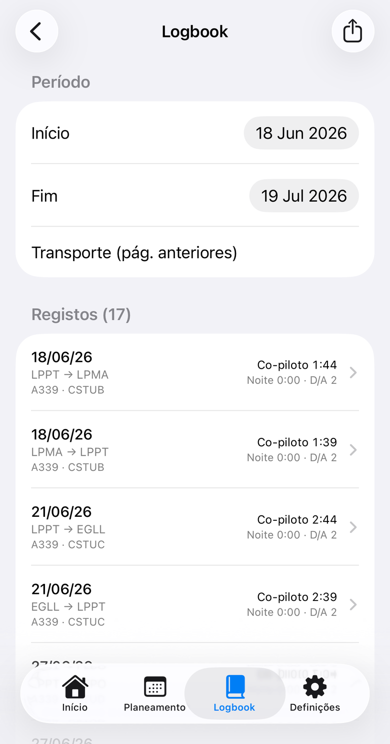 Caderneta de voo EASA para pilotos, com tempos, noite e aterragens por etapa.