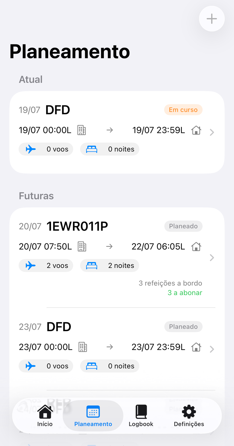 Lista de planeamento com rotações atuais e futuras, voos, noites fora e refeições a abonar.