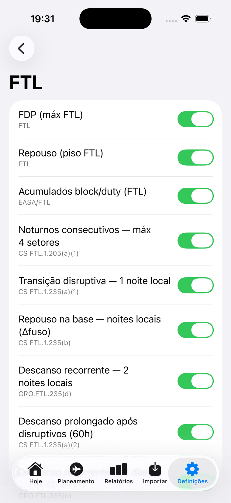 Lista de regras FTL com as referências regulamentares e um interruptor por regra.