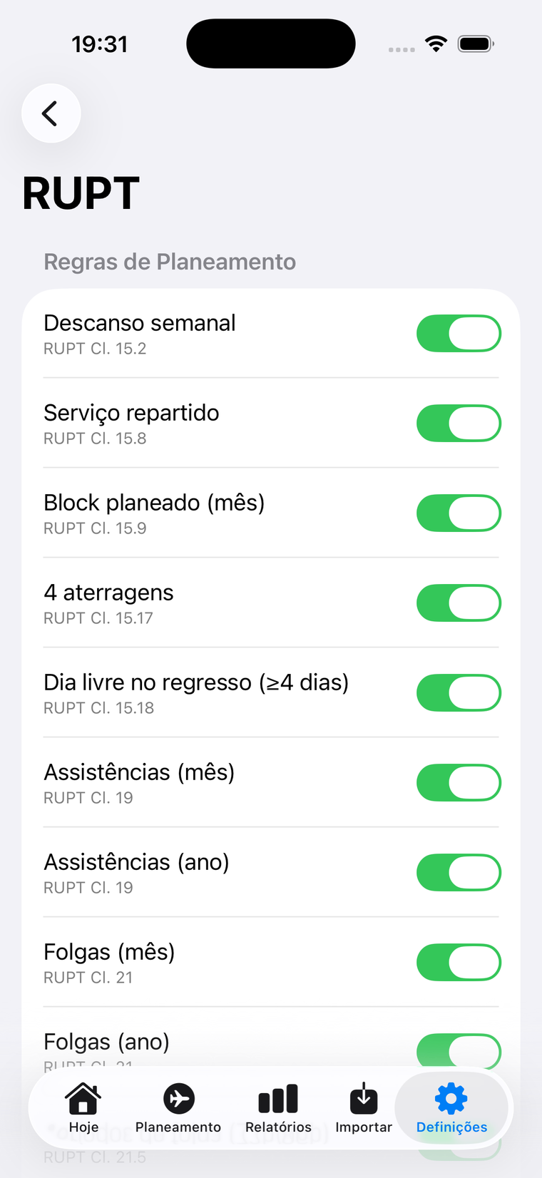 Lista de regras RUPT com as cláusulas aplicáveis e um interruptor por regra.